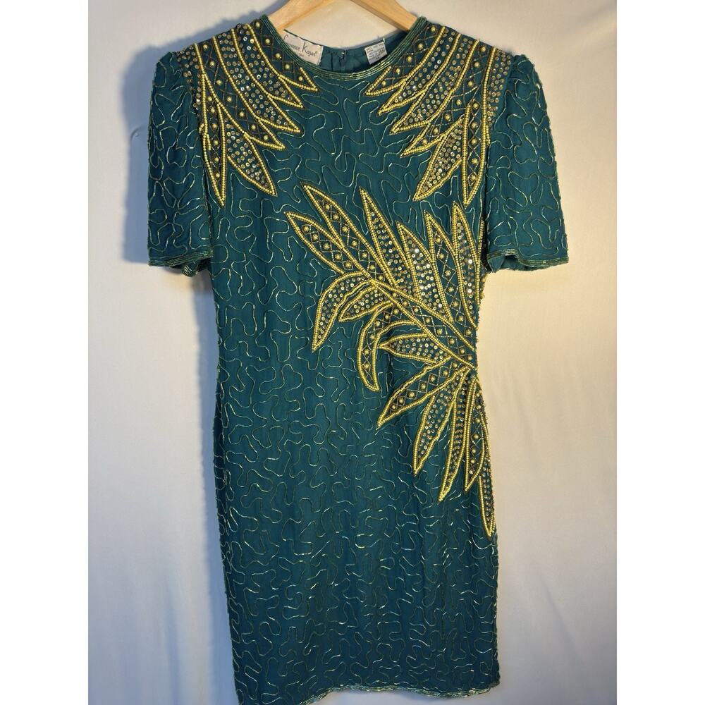 Laurence Kazar Beaded Silk Dress Green Gold Sequin Vintage Cocktail M